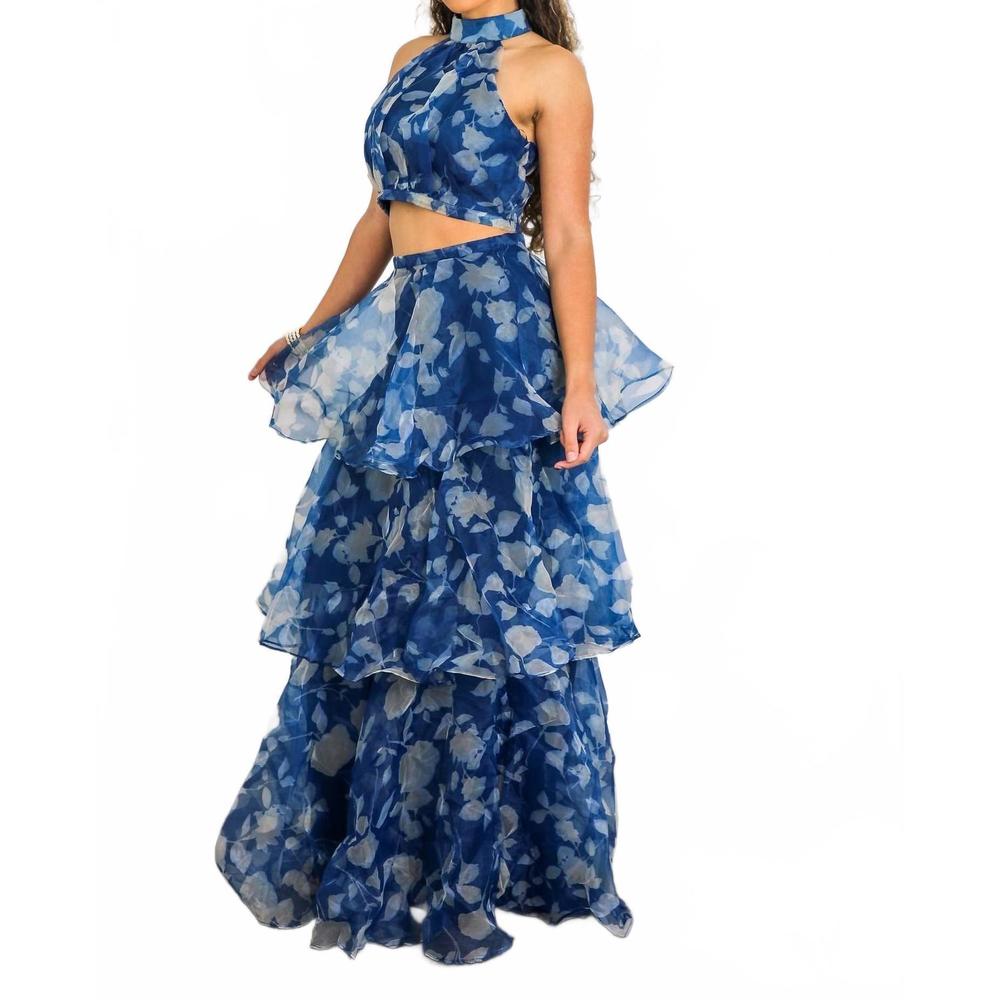 NEW SURELYMINE tiered ruffle two-piece set halter crop top & maxi skirt in blue - Picture 7 of 8